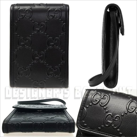 GUCCI black GG TENNIS smooth Perforated GUCCISSIMA Leather CrossBody PHONE bagπ - Picture 4 of 11